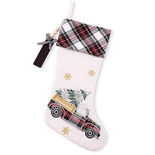 Festive Embroidered Linen Christmas Stocking 1 Pack with Red Green Checkered Truck Christmas Tree and Snowflake Design Perfect for Kids Family and Xmas Fireplace Decorations