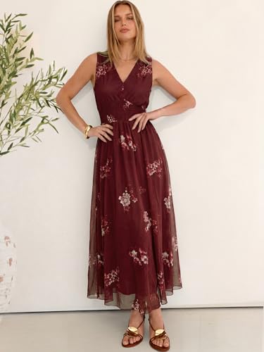 Image of ANRABESS Women's Floral Tulle Wedding Guest Maxi Dress | V Neck Sleeveless,A-Line Elastic Waist,Casual Flowy Formal Boho,Bridal Shower Garden Party Beach Vacation,Summer Fall