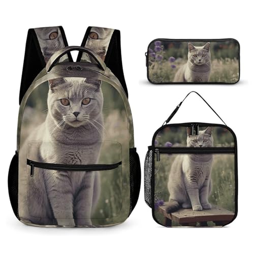 Gray Cat in Flower Field Backpack Set 3 Piece, Durable Backpack Insulated Lunch Bag Portable Pencil Case for Men Women