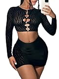 MakeMeChic Women's Striped 2 Piece Outfits Cut Out Crop Top and Bodycon Pencil Mini Skirt Set Black M