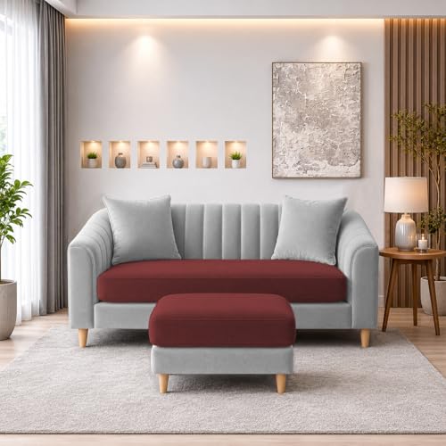 Image of Doraldo 2 Seater Sofa Set with Ottoman for Living Room (Maroon Grey) Premium Fabric Sofa
