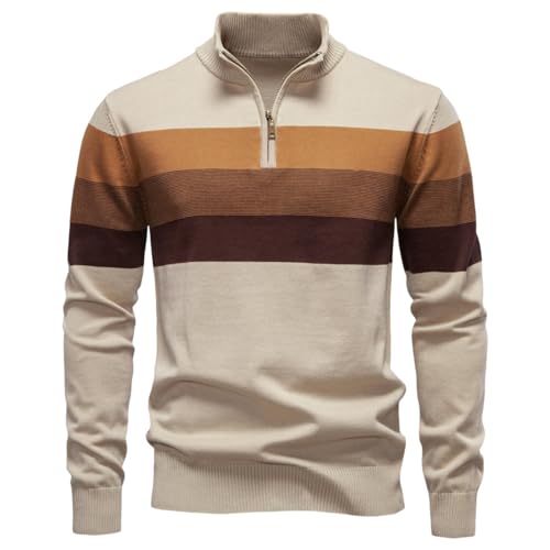 Men's Autumn Winter Striped Patchwork Semi-Zipper Pullover Sweater