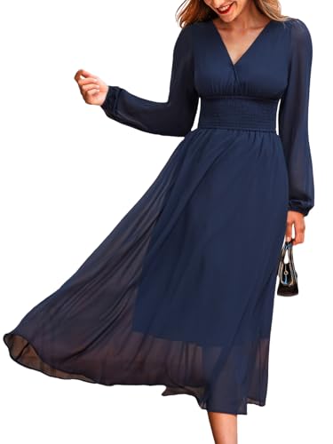 CUPSHE Women's Fall V Neck Long Sleeve Maxi Dresses Smocked Waist Elegant Cocktail Wedding Guest Dress