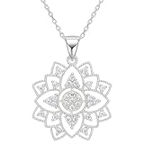 Mandala Necklace 925 Sterling Silver - Filigree Encrusted CZ Openwork Pendant Chain 20'- Esoteric Boho Sacred Geometry Jewelry - Hippie Yoga Gift for Women - Handmade