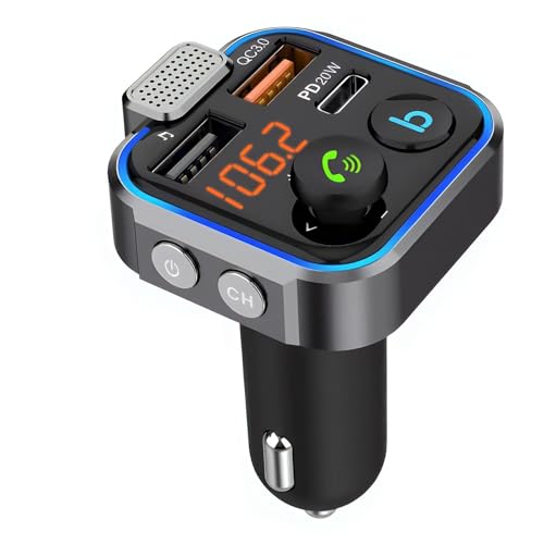 Transmisor FM Bluetooth Coche, Manos Adaptador Carga Rápida PD20W & QC3.0, Reproductor MP3 Coche USB, Luz LED, Soporte U Disk