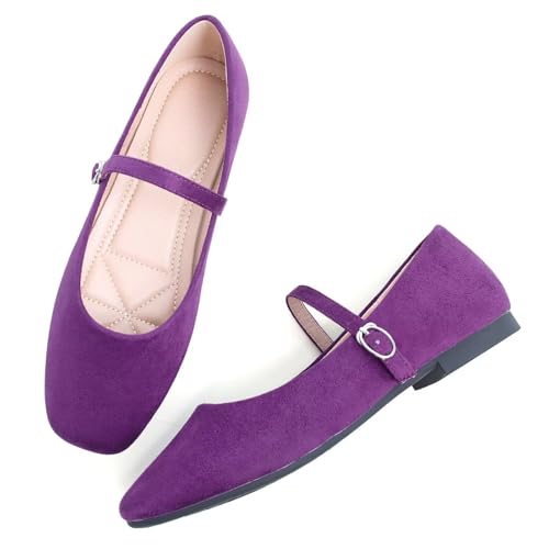 Stunner Women's Mary Jane Ballet Flats Fashion Square Toe Ankle Strap Flats Comfortable Casual Slip On Dress Shoes Dark Purple 42(9.5) 23