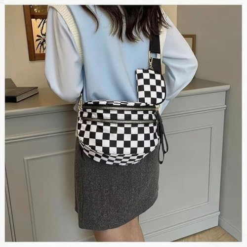 Image of Checkered Crossbody Bum Bags for Women, Nylon Sling Bags with Shoulder Strap, Large Capacity Checkered Purse Bag