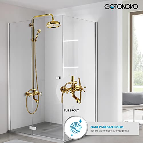 Gold Polished Shower Faucet Sets 8 Inch Rainfall Shower Head Bathtub 2 Cross Knobs Mixer Rain Shower System Adjustable Hand Held Spray Shower Unit #TOP1