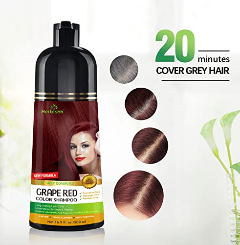 Herbishh Hair Color Shampoo (Grape Red) - Magic Hair Dye for Gray Hair - Ammonia-Free, 3-in-1 Shampoo Conditioner - Lasts 2-3 Weeks, 500 ml