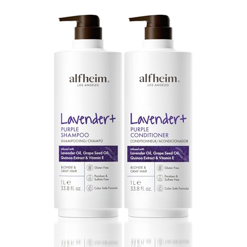 Alfheim Lavender+ Purple Shampoo & Conditioner Set | Neutralize Brassiness & Enhance Cool Tone for Platinum, Silver & Blonde Hair | Anti Brass While Hydrating | Paraben-Free, Color-Safe | 33.8 oz Each