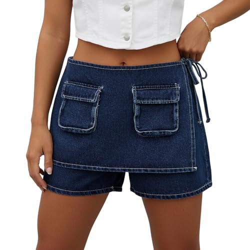 Mxiqqpltky Y2k Cargo Denim Skirt Women Low Rise Bodycon Mini Jean Skirt Shorts Skort(Dark Blue,X-Large)
