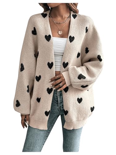 Women's Open Front Heart Print Cardigan Sweater Shawl Collar Long Sleeve Drop Shoulder Sweaters Knit Tops