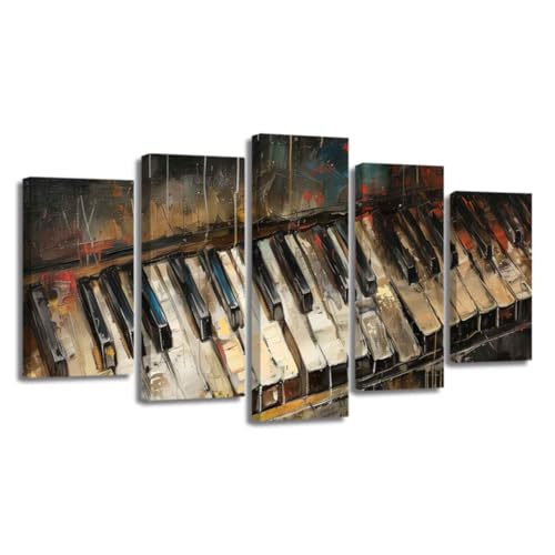 XLMDYYSW ヴィンテージ ピアノ キャンバス ウォールアート 5パネル 抽象ピアノ キーボード ピクチャー 音楽 テーマ プリント 楽器 絵画 音楽 教室 装飾 額入り
