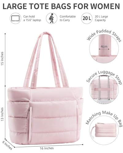 Image of Bagstellar Puffer Tote Bag for Women, Lightweight Puffy Work Handbag Teacher Nurse Quilted Shoulder Bag for School Travel Gym | Cloud Bag w / Zipper