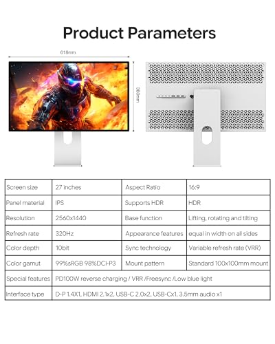 Image of P27S 27 inch 2k 320Hz Glossy Gaming Monitor, IPS Panel, 10-Bit Color, 99% sRGB, 98% DCI-P3, 1ms, VRR, HDR, Eye Care (Honeycomb - with Stand x2)