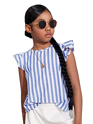 WDIRARA Girl's Striped Ruffle Trim Cap Sleeve Button Back Blouse Casual Top