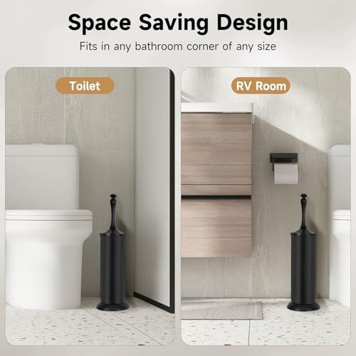 Image of Black Toilet Brush and Holder,Extra Long Handled Toilet Brush for Bathroom,Stainless Steel Heavy Duty Toilet Bowl Brush,Deep Cleaning Modern Toilet Cleaner Brush -Space Saving