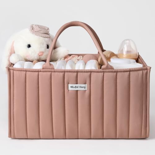 Blissful Diary Blush Pink Modern Stylish Baby Diaper Caddy Organizer, 3 Compartment Portable Car Travel Basket for Girls Boys