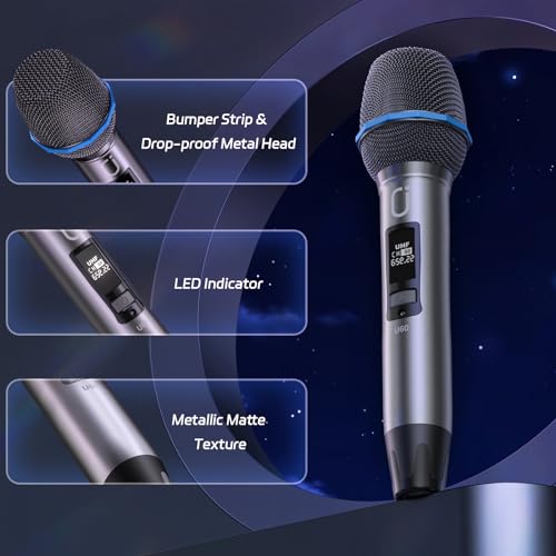 Image of PPMIC Wireless Microphones, Two Rechargeable Microphones for Karaoke Singing, Rechargeable Dynamic Mic System with Receiver for Church, Party, Meeting, Speech, PA System, Plug and Play (Gray&Gold)