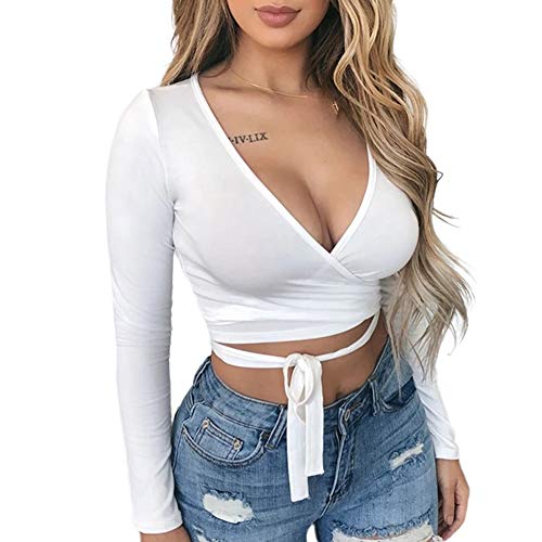 Voracale Top da Donna Slim a Maniche Lunghe con Scollo a V Profondo Davanti Camicia con Lacci Tinta Unita Camicetta Casual Skinny Donna Elegante Sexy Ragazza da Donna (Bianco, L)