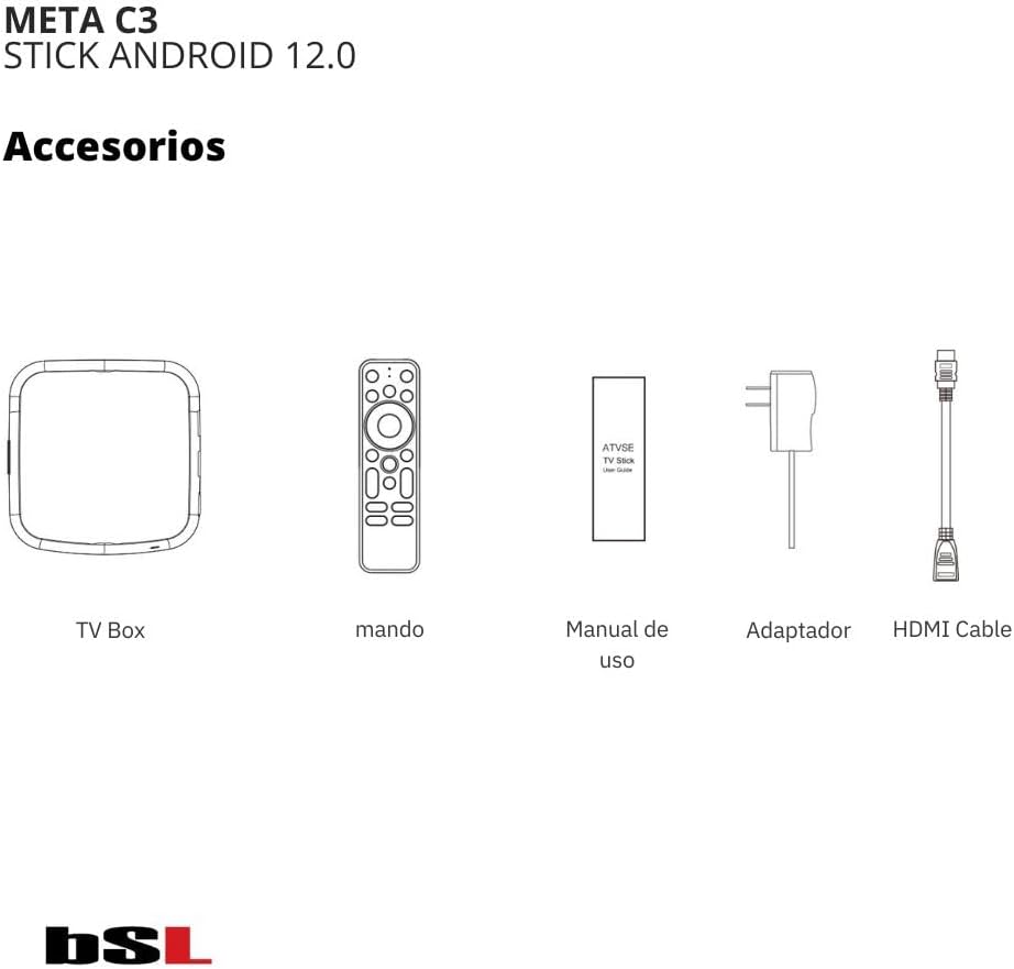 BSL Meta C3 Accessories: TV Box, remote, manual, adapter, HDMI cable