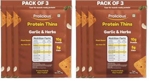 Image of Prolicious Garlic Bread High Protein Thins | NO Palm Oil | Crispy & Nutritious Snack Chips (50g Pack of 6)