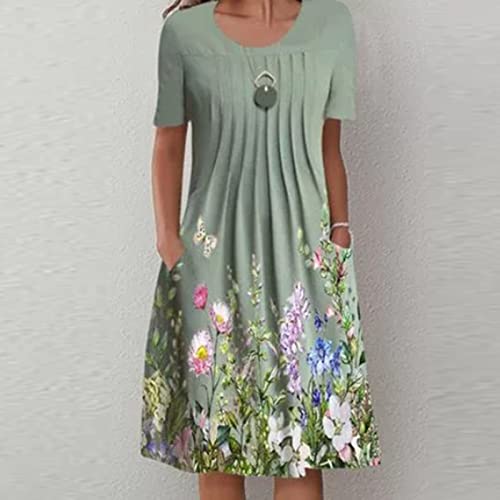 Floral Print Dress For Women 2023 Summer Bohemian Short Sleeve Beach Dresses Casual Loose Pleated Knee Length Tunic Dress #TOP1