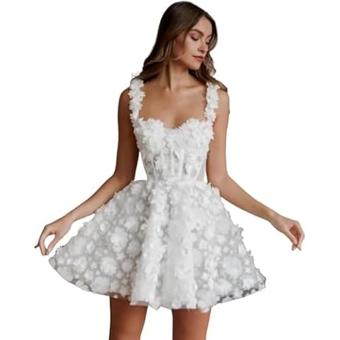 Ljeuyds Short Wedding Dresses for Bride White Lace Applique Tulle 3D Flower Wedding Gowns Sleeveless Tight Backless Mini Boho After Wedding Party Dresses with Straps US2 Cover