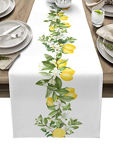 TSRSUNFLOWER Summer Lemon Table Runner 13 x 90 Inch, Kitchen Table Runner Tropical Lemon Leaves Table Scarf Dresser/Cabinet/Dinning/Farmhouse Lemon Floral Table Decor