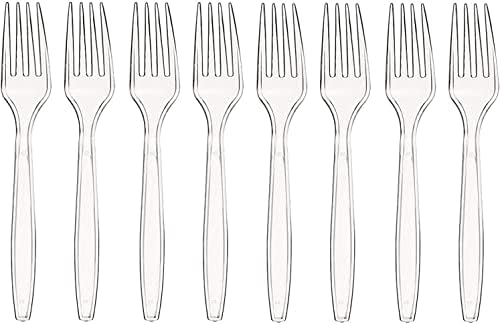 DEcorative Concepts UK Pack of 100 Heavy Duty Reusable Clear Plastic Cutlery 100 Spoons or Forks or KnivesPerfect for for Birthday Parties Buffets Picnics BBQ's Weddings Camping (100 Clear Forks)