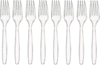 DEcorative Concepts UK Pack of 100 Heavy Duty Reusable Clear Plastic Cutlery 100 Spoons or Forks or KnivesPerfect for for Birthday Parties Buffets Picnics BBQ's Weddings Camping (100 Clear Forks)