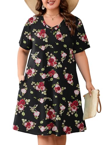 Image of AusLook Plus Size Midi Dress for Women Short Sleeve V Neck Criss Cross A Line Summer Casual Vacation Sundresses with Pockets