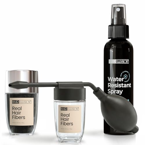 Hair Illusion Black Hair Fibers Kit with Water-Resistant Spray & Applicator Natural Coverage for Thinning Hair 18g