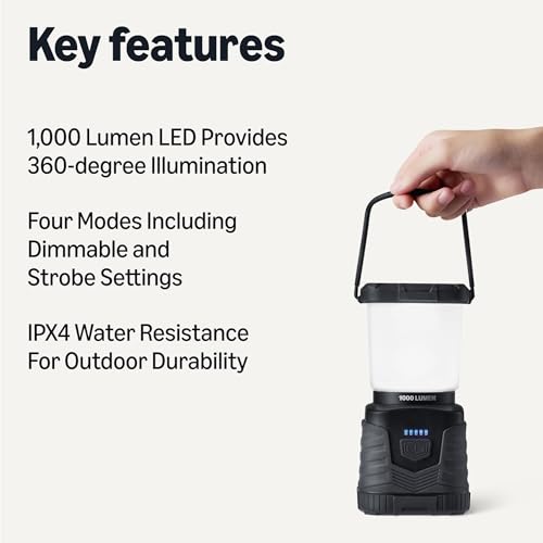 Amazon Basics LED Camping Lantern with 4 Light Modes - 1000 Lumen Portable Outdoor Light with 360° Illumination - Water Resistant Emergency Lantern - Batteries Not Included - Black - Image 2
