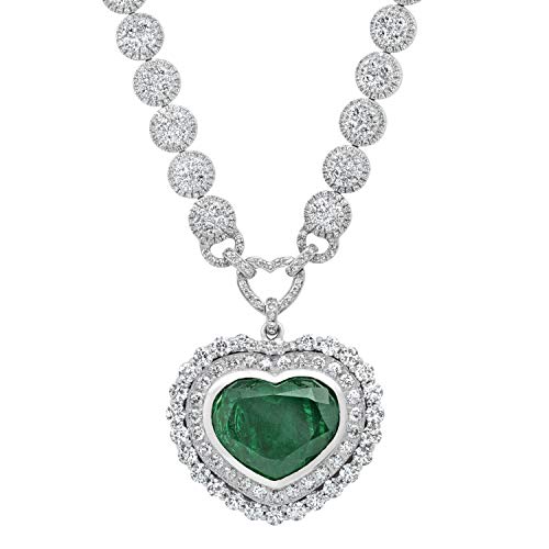 Dazzlingrock Collection Heart Colombian Emerald & Round White Diamond Ladies Halo Style Necklace, 14K White Gold