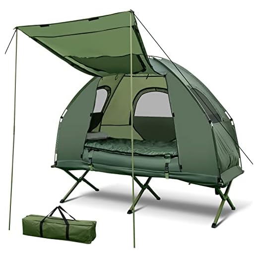 Tangkula 5-in-1 Tent Cot, 1 Person Camping Tent Combo with Awning, Air Mattress, Sleeping Bag, Air Pillow, Camping Cot, Elevated Single Cot Tent with Carrying Bag for Outdoor Hiking, Picnic, Travel