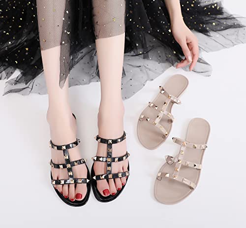 Omgard SHOES-FLAT-LT-FF05-BEIGE-41 2 Jelly Shoes For Women Size 9.5, Nude Studded Jellies Flat Sandals Summer Beach Rivets Strappy Slide Slip On thumb #7