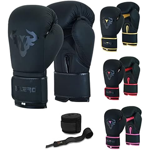 Islero EVO Fitness Matte Black Boxing Gloves Men Punch Bag Women Pink MMA Muay Thai Martial Arts Kick Boxing Sparring Training Fighting Gloves With Hand Wraps (16 OZ, Black) Cover