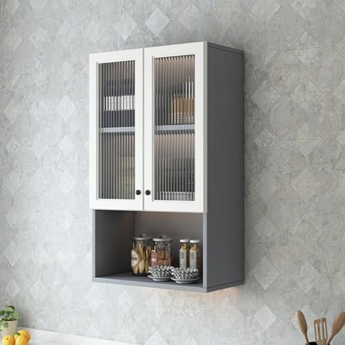 Nowoczesna szara szafka kuchenna ze szklanymi drzwiami, wszechstronna, montowana na ścianie szafka do przechowywania do łazienki, salonu, gabinetu i balkonu, 80 x 97 x 30 cm