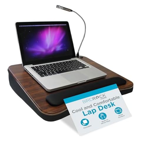 SOFIA + SAM Lap Desk with Memory Foam Cushion and USB Light, Fits Laptops Up to 15", Portable Workstation for Home Office with Wrist Rest, Handle, and Detachable Light - Black, Walnut Cover
