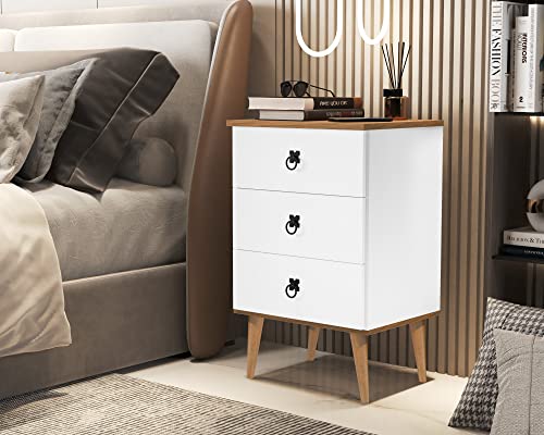 Mesa De Cabeceira Madri 3 Gavetas/Pés Palito/Corrediças Metálicas (Branco/Cacau)