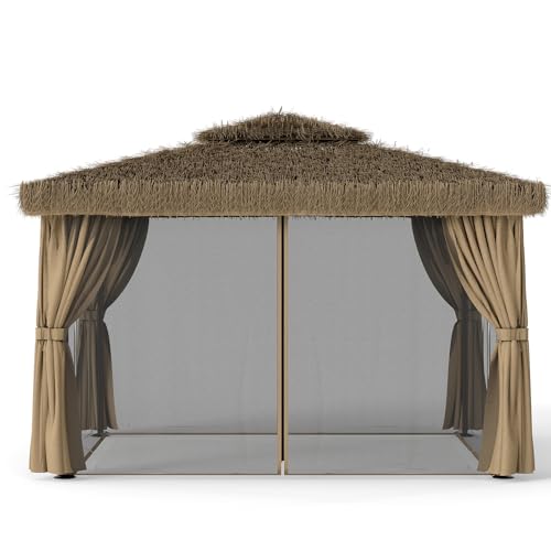 10FT×12FT Outdoor Patio Gazebo - Hawaiian Style Thatch Roof, Double