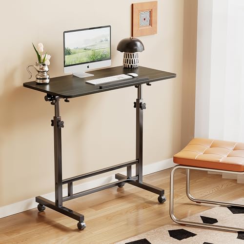 Image of Laptop Table Mobile Adjustable Height Portable Desk Notebook Swivel PC Computer Rolling Desk with Wheels, Laptop Stand for Couch Bedside Hospital Bed Table (Black Table)