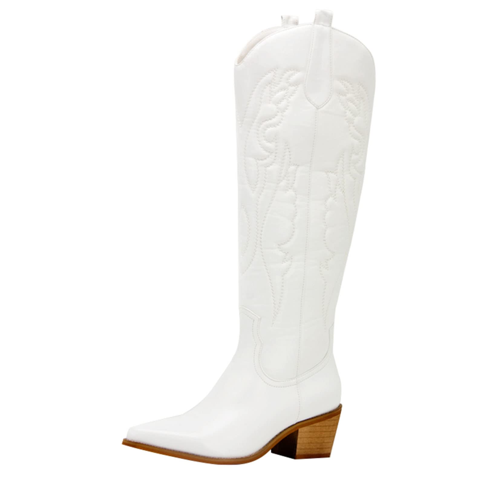 MeiLuSi Cowboy Boots for Women Retro Pointed Toe Wide Calf Boots Fashion Chunky Stacked Heel Tall Western Cowgirl Knee High Boots Zipper