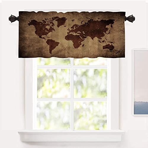 Shrahala Map Outline Brown Kitchen Valances, World Kids Paintings Halloween Black Half Window Curtain Window Treatment Multilayer Polyester Blackout for Living Room Bathroom 52 x 18 in