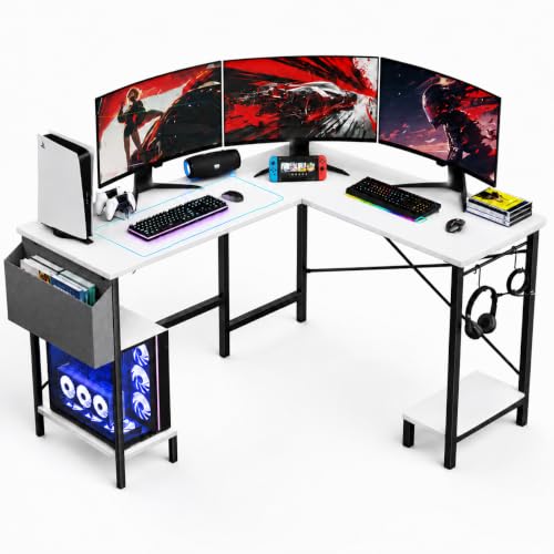 Image of Simple Deluxe L-Shaped Corner Desk with PC Stand, Storage Bag & Hooks - Reversible, Sturdy Steel Frame, Waterproof Top, 4 Colors (White)