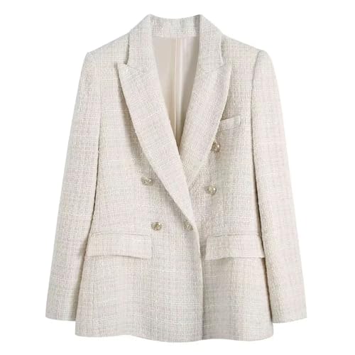 Women's Tweed Double Breasted Blazer Retro Long Sleeve Flap Pocket Jacket Chic Top