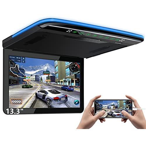 XTRONS 13.3 Inch Android Car Overhead Player Wide IPS Screen Car Roof Mount Monitor with Built-in Stereo Speakers Flip Down Overhead Car Monitor Support 8K Video, Bluetooth, WiFi, HDMI, USB, FM, IR