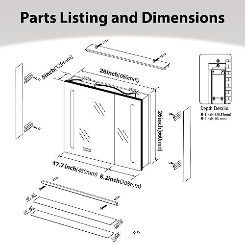 Bathlink Led Medicine Cabinet Mirror For Bathroom, Lighted Medicine Cabinet With Clock, Lighted Medicine Cabinets For Bathroom With Mirror, 26"×26"×5", Defog, Adjustable Light, Big Left Door #TOP5