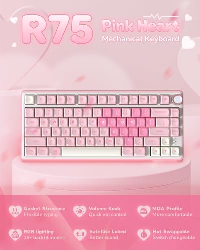 Image of RK ROYAL KLUDGE R75 Mechanical Keyboard Wired with Volume Knob, 75% Keyboard Gasket Mounted, Hot Swappable, Creamy Sound, MDA Profile, PBT Keycaps, Pink